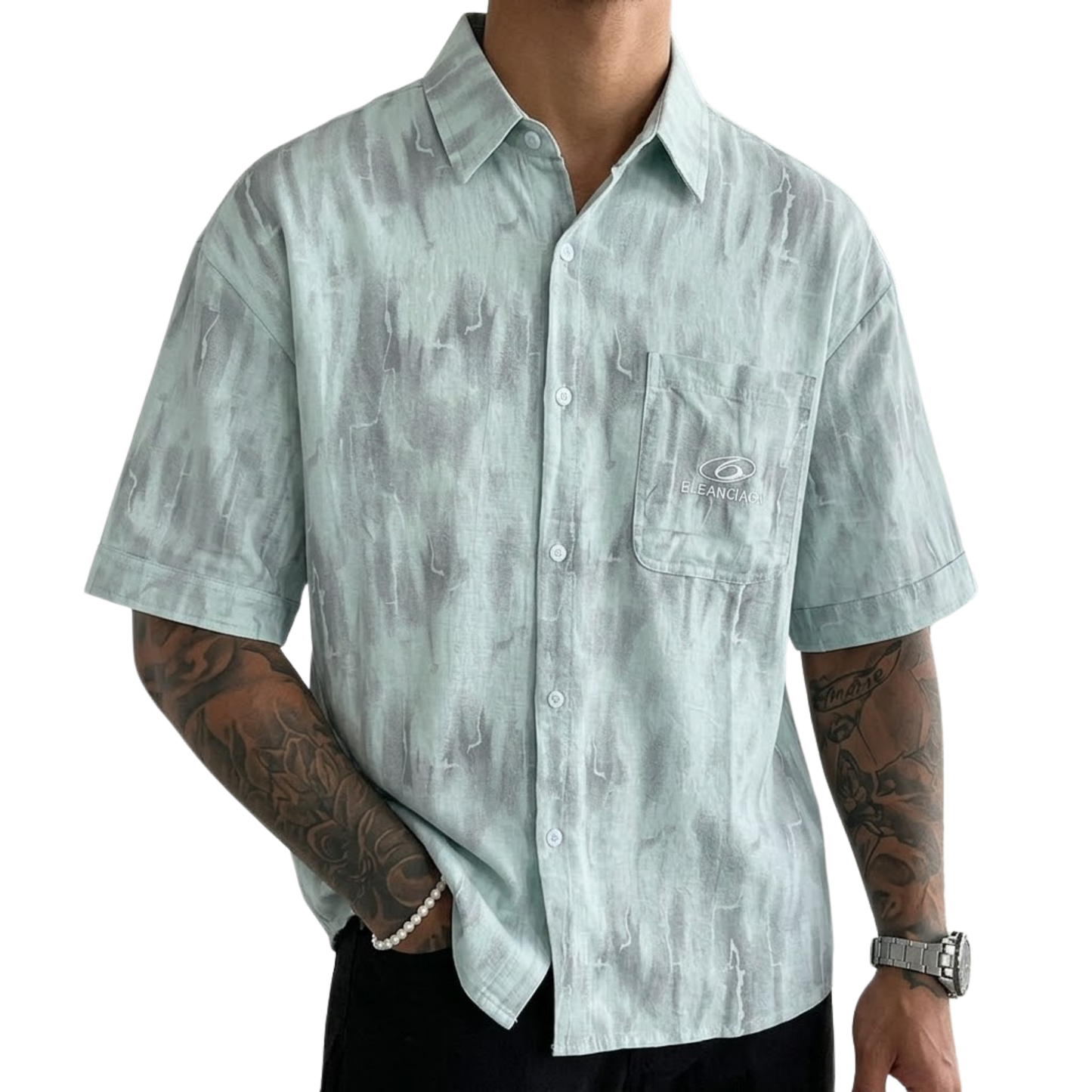 Men's Oversized Acid Wash Short Sleeve Button-Down Shirt