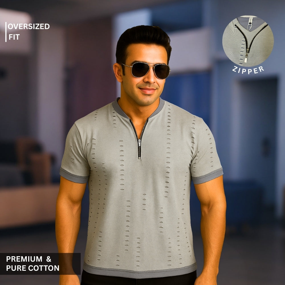 Premium 100% Cotton Rugged Zipper Round T-Shirt For Men