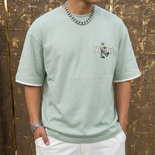 2626 "BANTER" Urban Character Oversized Streetwear Tee Men's Oversized Graphic T-Shirt with White Layered Sleeves
