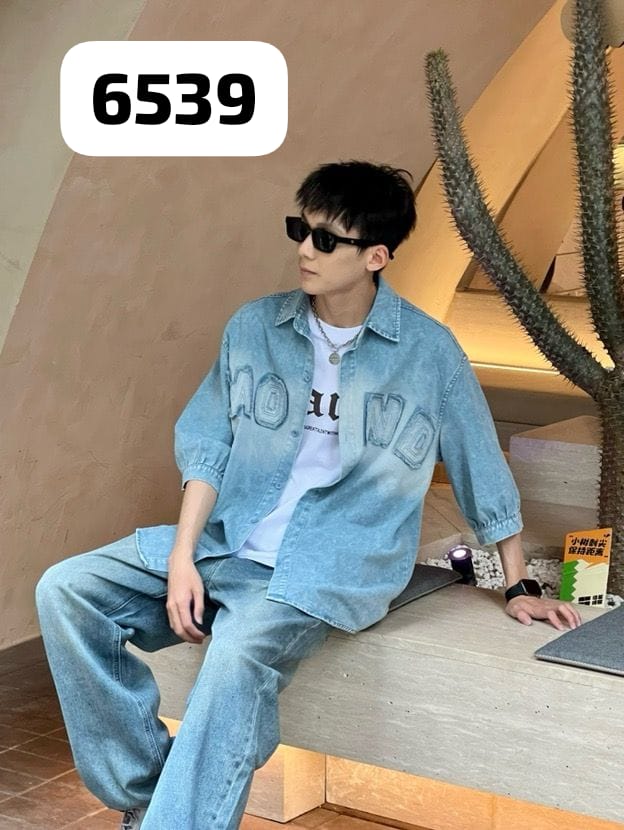 Men's Oversized DENIM DESIGNER SHIRT Button-Down Shirt, White, Raw-Edge Alphabet Patch, Half Sleeves, Casual Style