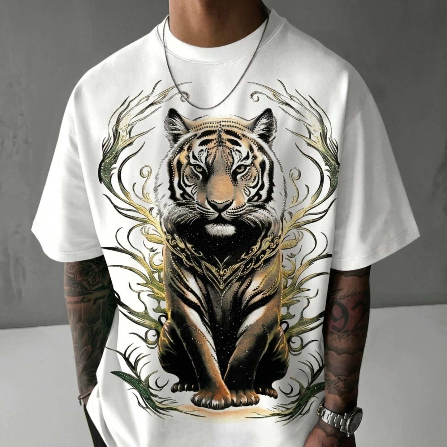 Royal Gilded Tiger Oversized Streetwear T-Shirt rhinestones or metallic ink