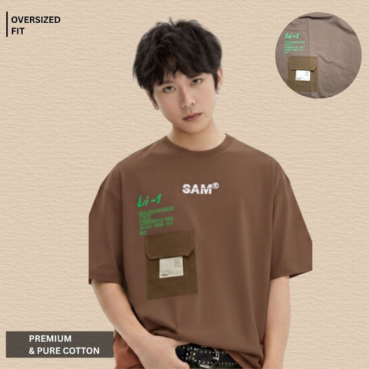 Brown Oversized Premium Cotton T-Shirt with Utility style chest pocket with a contrast fabric patch and graphic accentsPocket