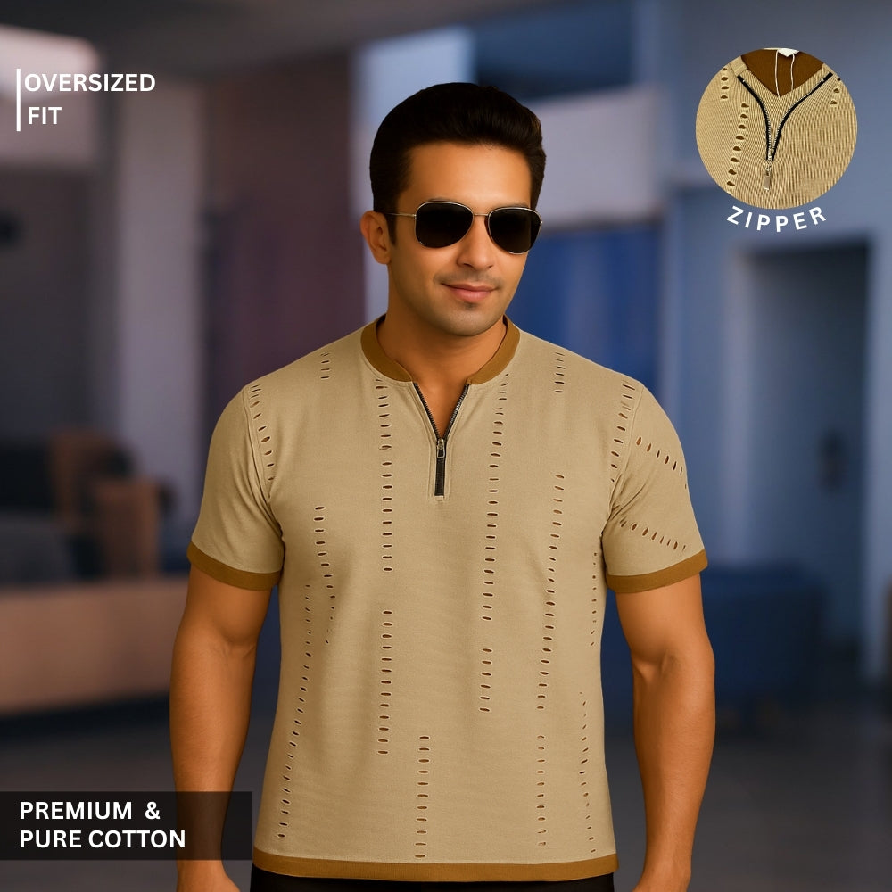 Premium 100% Cotton Rugged Zipper Round T-Shirt For Men
