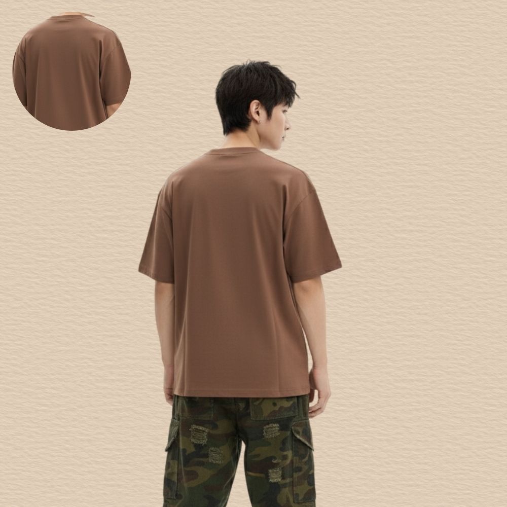 Brown Oversized Premium Cotton T-Shirt with Utility style chest pocket with a contrast fabric patch and graphic accentsPocket