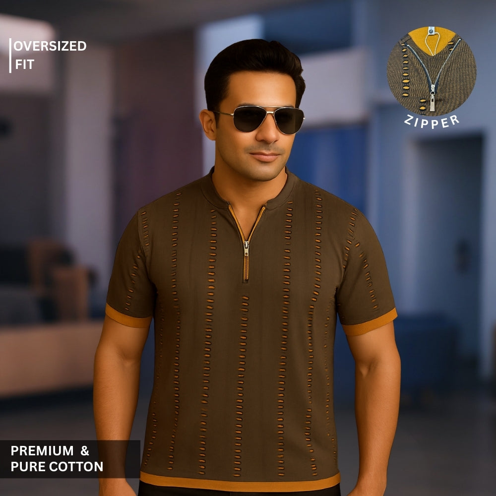 Premium 100% Cotton Rugged Zipper Round T-Shirt For Men