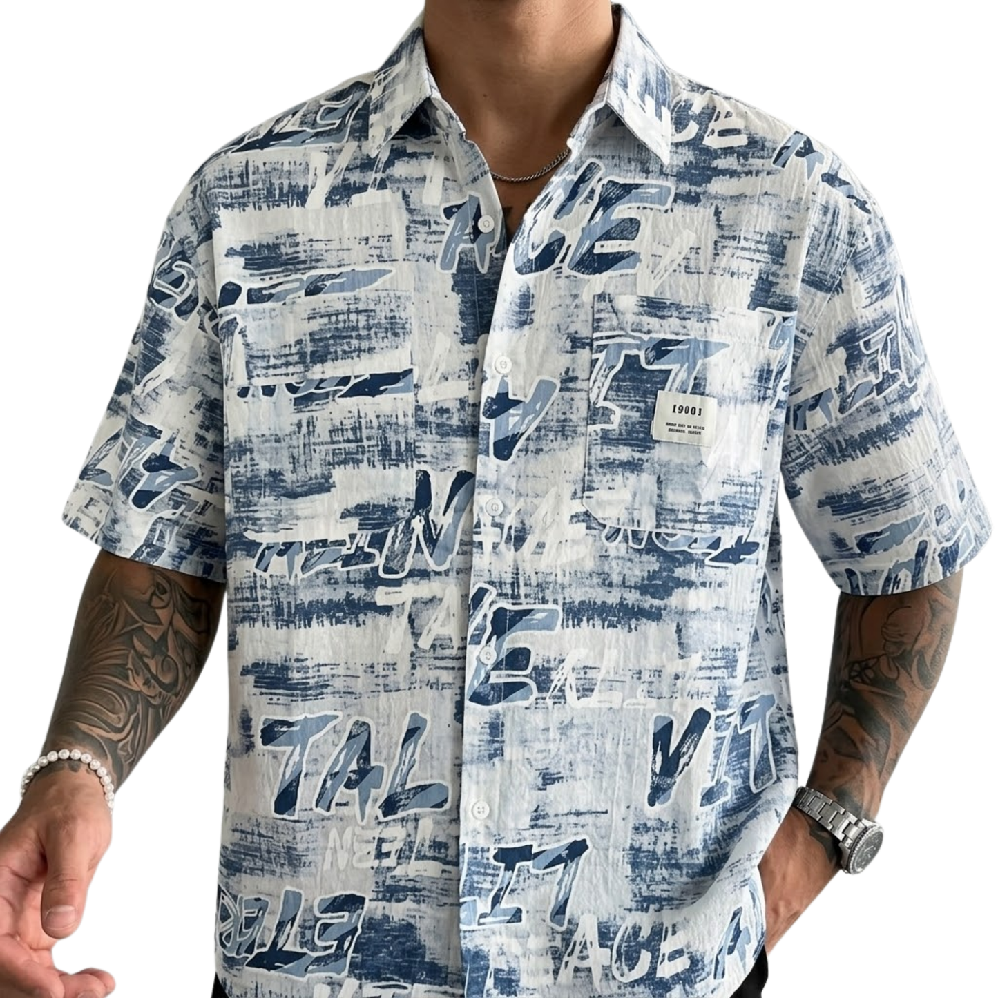 Men's Oversized Abstract Doodle Print Button-Up Shirt