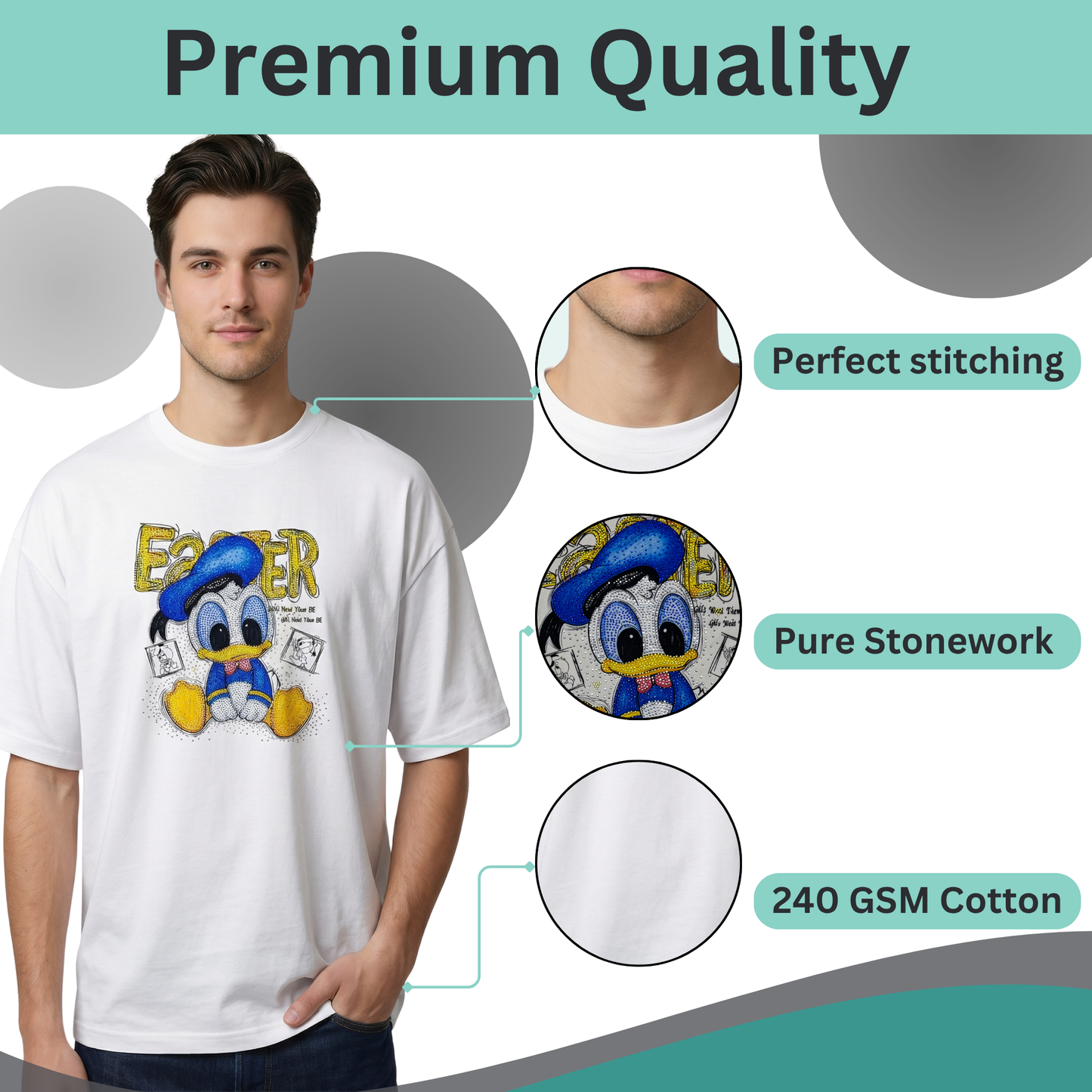 Rhinestone Graphic Cotton T-Shirt, Brown, Round Neck, Cartoon Print, Oversized Fit, Unisex