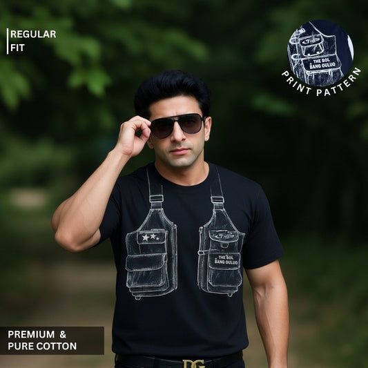 1224_Black Premium 100% Cotton Printed Round Neck T-Shirt For Men