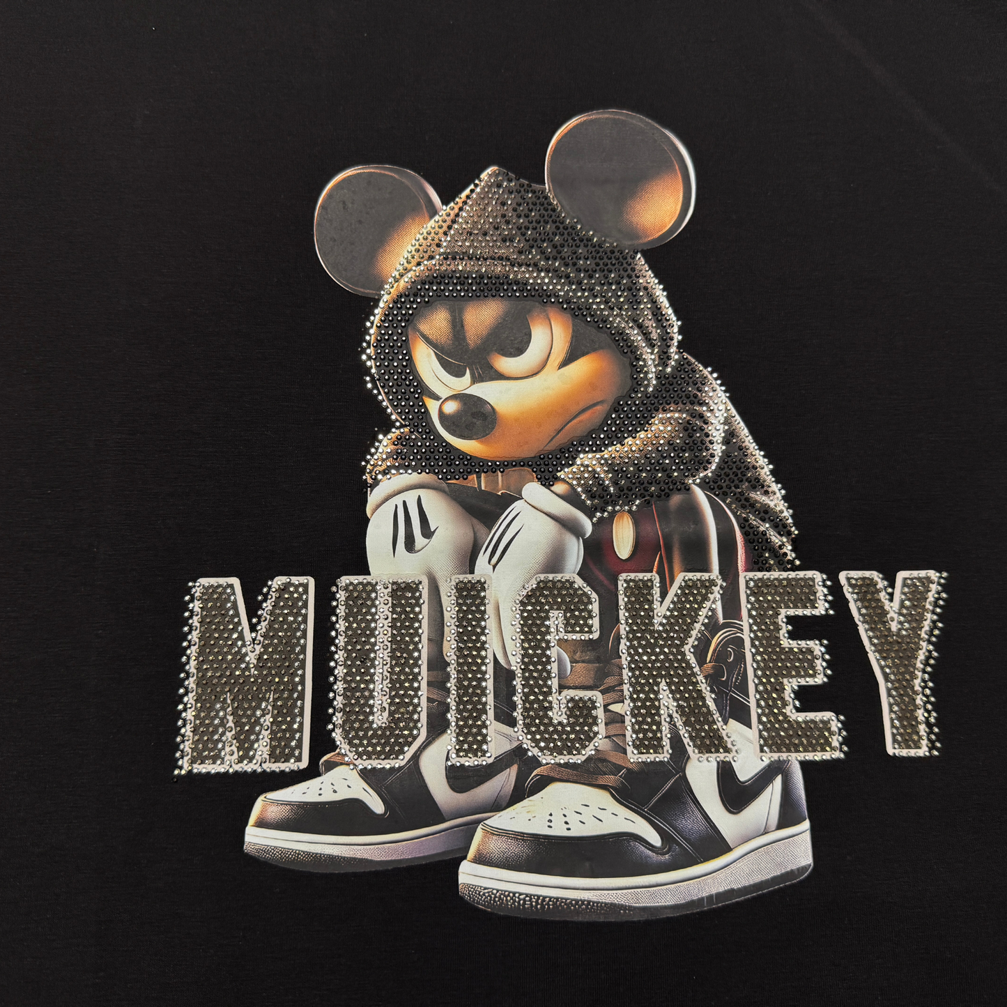 Muickey Rhinestone Graphic Print Cotton T-Shirt, White, Round Neck, Short Sleeve, Oversized Fit for Women