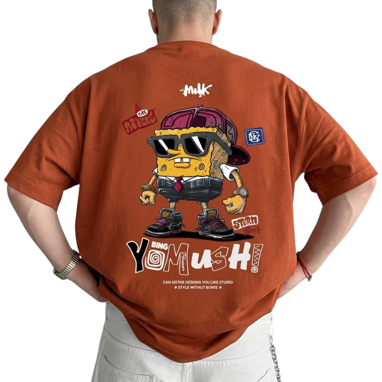 Men SpongeBob SquarePants Graphic Printed Round Neck Cotton Oversized T-shirt Heavyweight Streetwear Tee