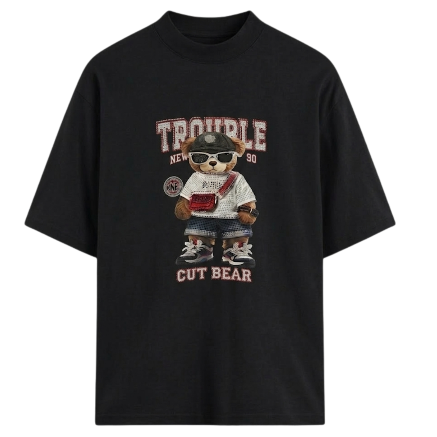 Trouble Cut Bear Rhinestone Graphic Print Cotton White Round Neck Short Sleeve T-Shirt for Women and Girls, Oversized Fit