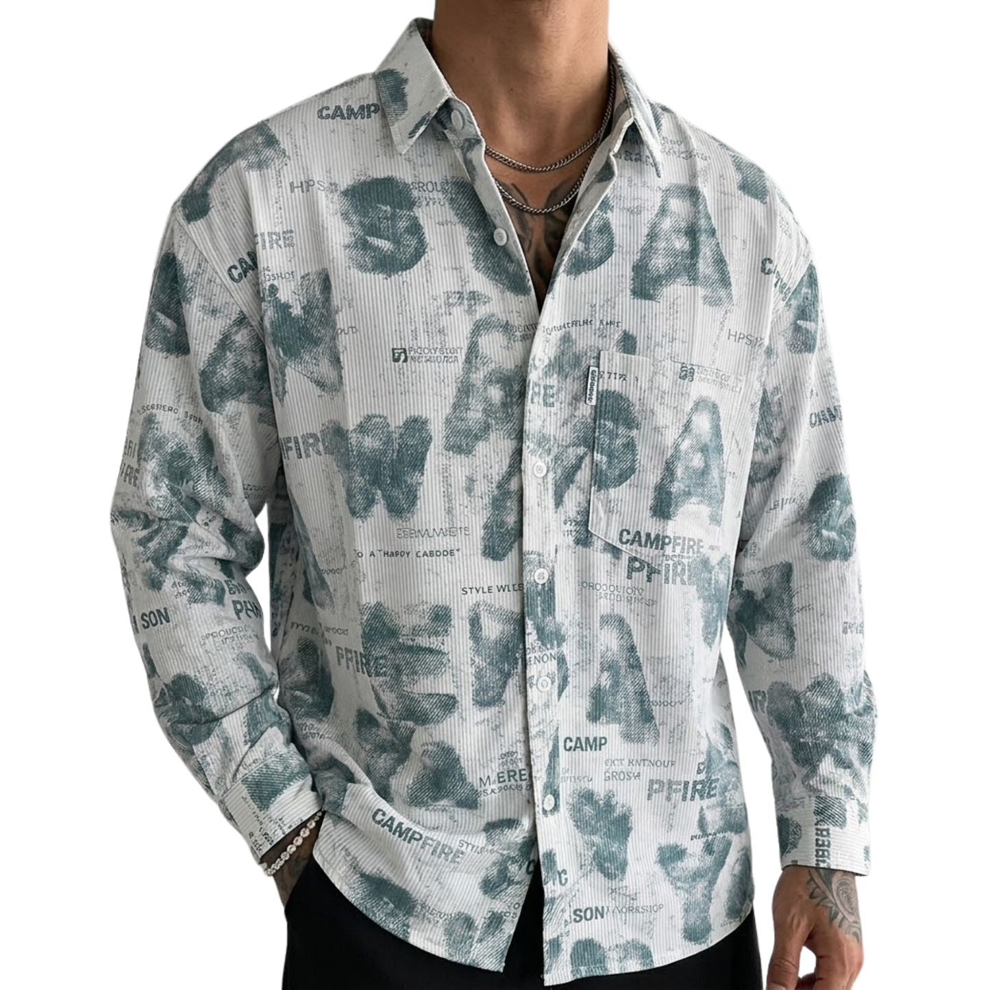 Men's Oversized Abstract Doodle Print Button-Up Shirt