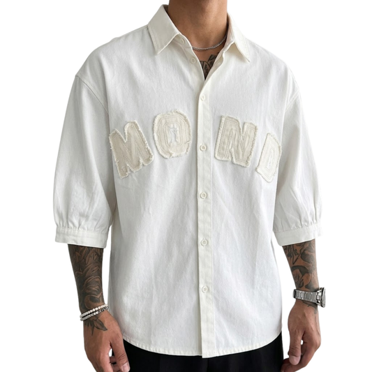 Men's Oversized DENIM DESIGNER SHIRT Button-Down Shirt, White, Raw-Edge Alphabet Patch, Half Sleeves, Casual Style