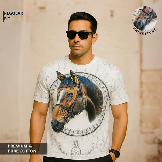 White Premium 100% Cotton Animal Srioski T-Shirt – Regular Fit.