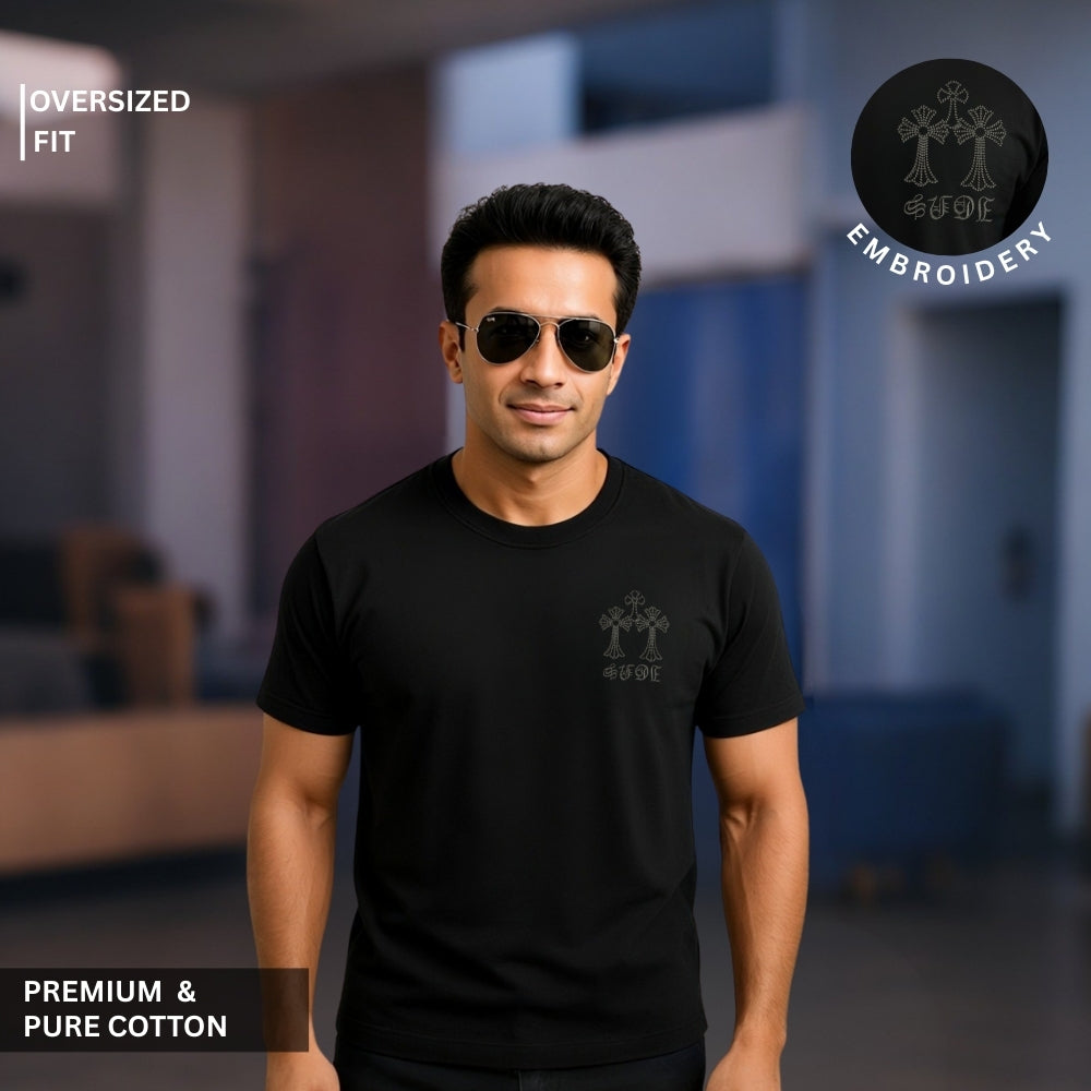 Men’s Premium Black Oversized T-Shirt | 100% Cotton | Embroidered Streetwear Tee