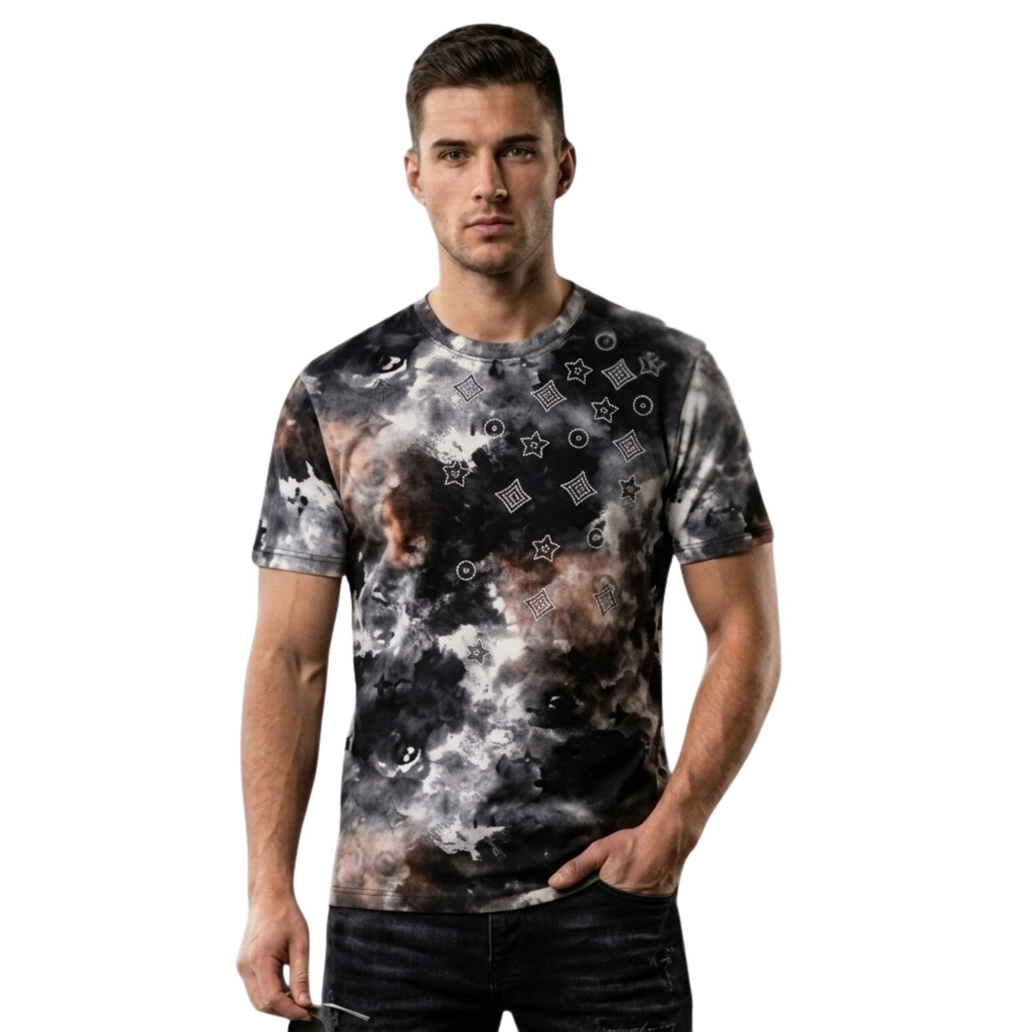 Smoke & Stars Allover Dark Galaxy Star Print Rhinestone  Graphic T-Shirt