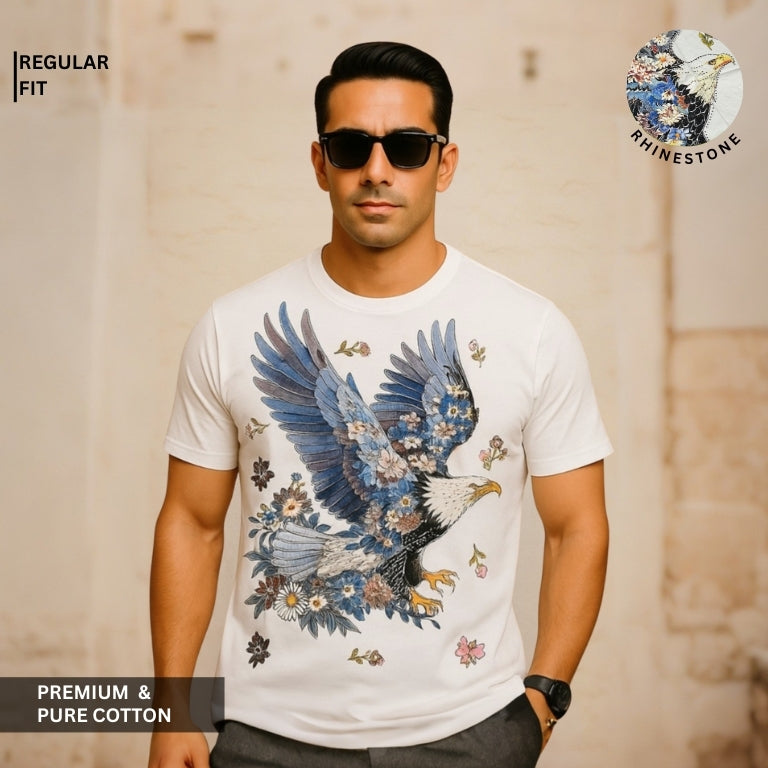Men’s Premium Eagle Rhinestone Graphic White Cotton T-Shirt – Regular Fit