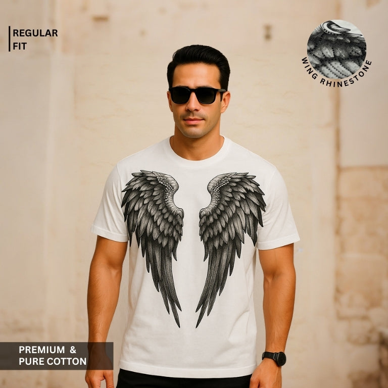 Premium 100% Cotton Men’s Premium Angel Wing Rhinestone Graphic White Cotton T-Shirt – Regular Fit