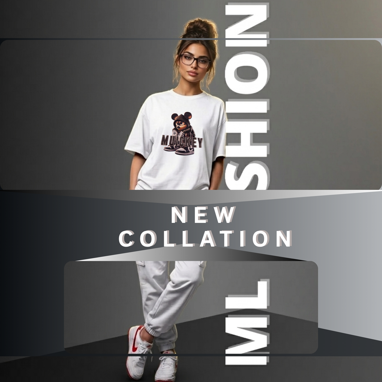 Muickey Rhinestone Graphic Print Cotton T-Shirt, White, Round Neck, Short Sleeve, Oversized Fit for Women