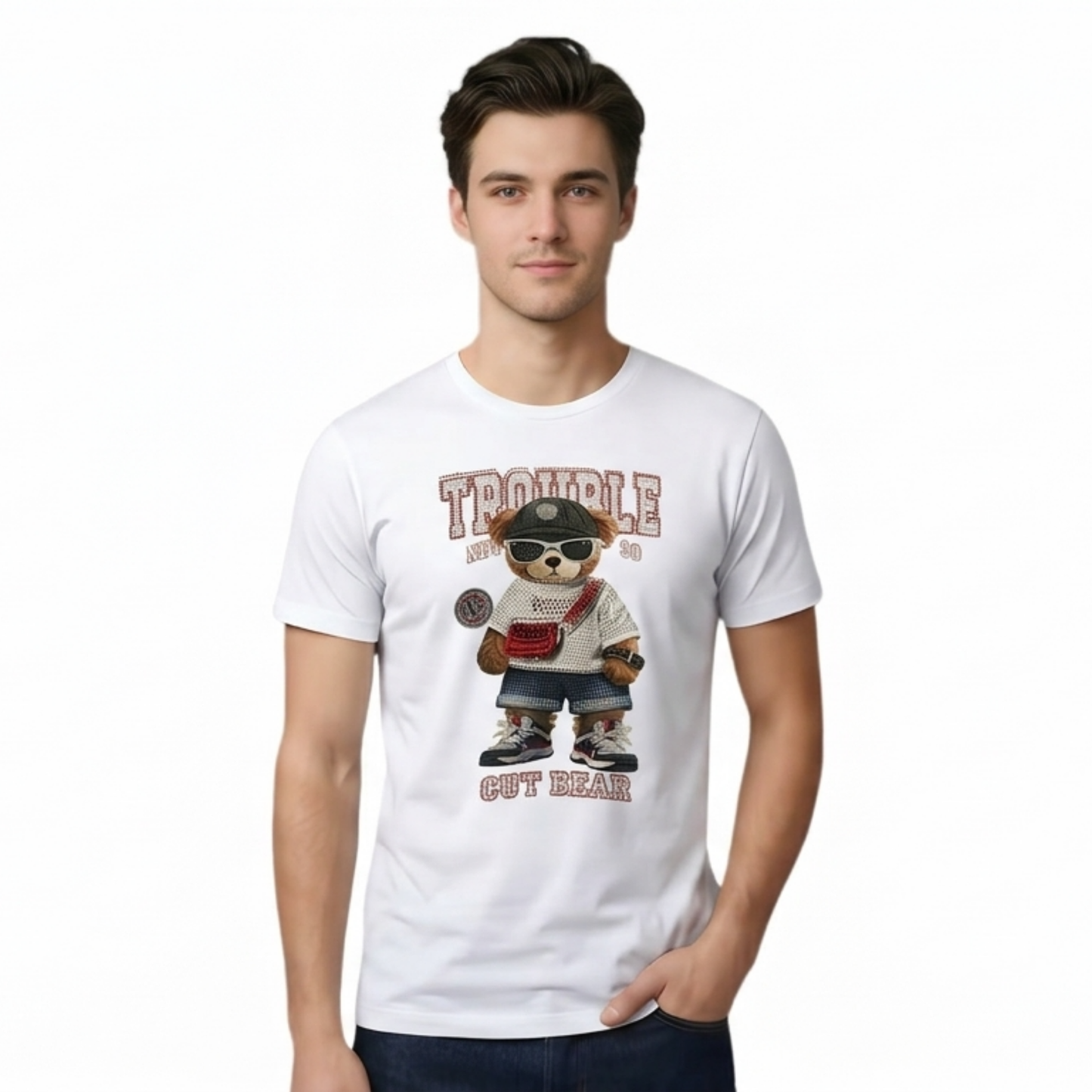 Trouble Cut Bear Rhinestone Graphic Print Cotton White Round Neck Short Sleeve T-Shirt for Women and Girls, Oversized Fit
