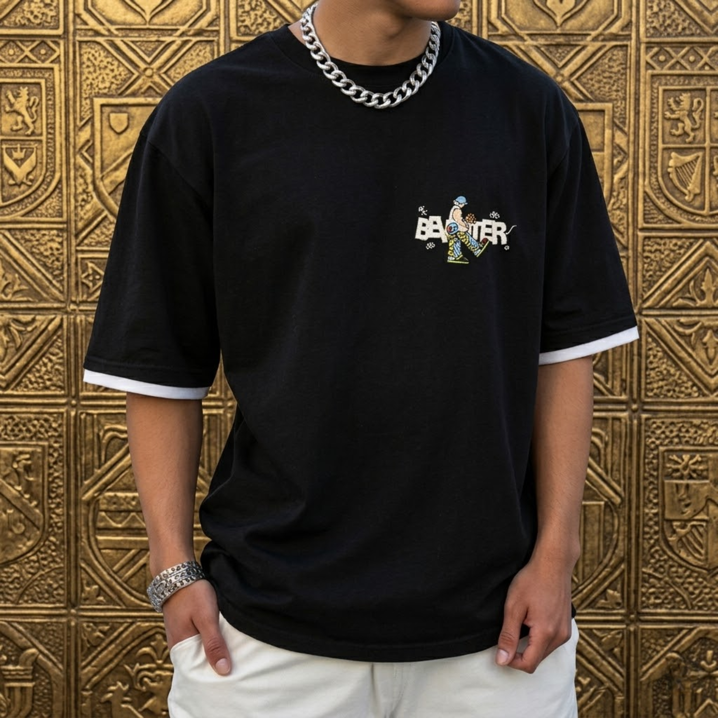 2626 "BANTER" Urban Character Oversized Streetwear Tee Men's  Oversized Graphic T-Shirt with White Layered Sleeves