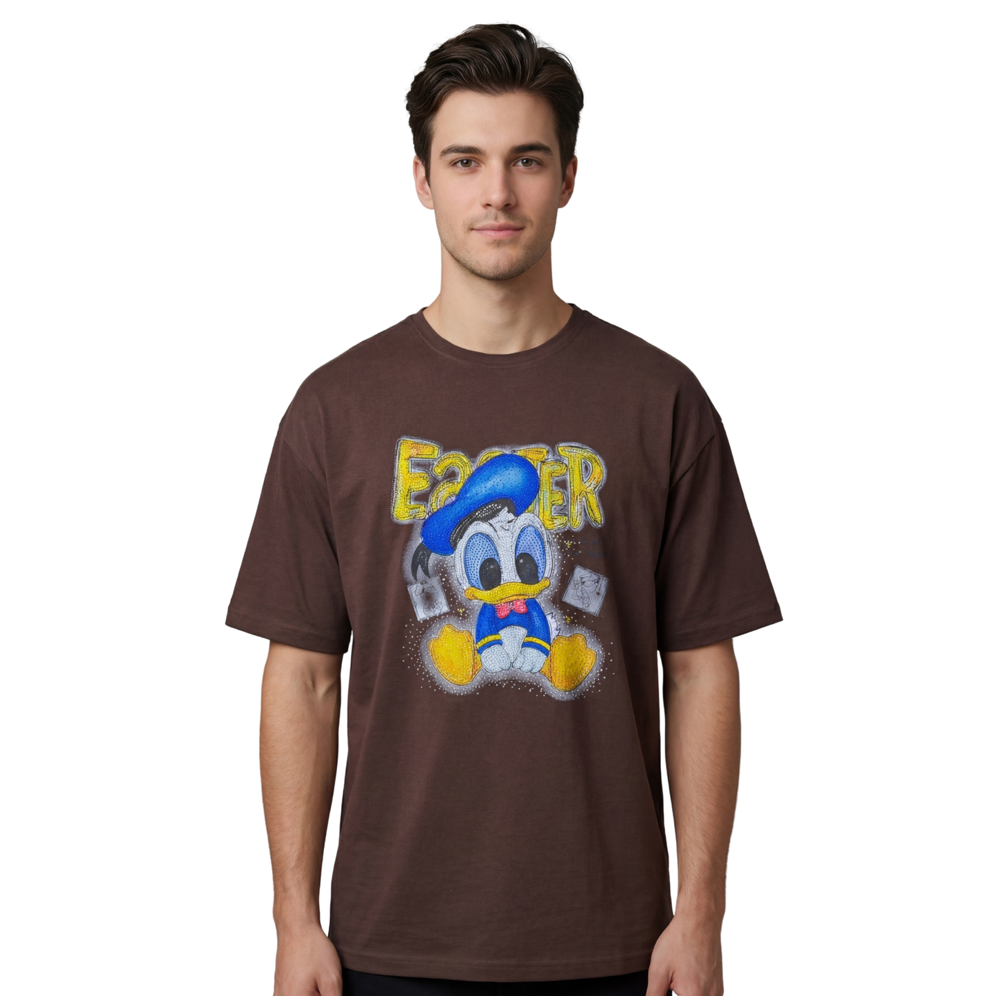 Rhinestone Graphic Cotton T-Shirt, Brown, Round Neck, Cartoon Print, Oversized Fit, Unisex