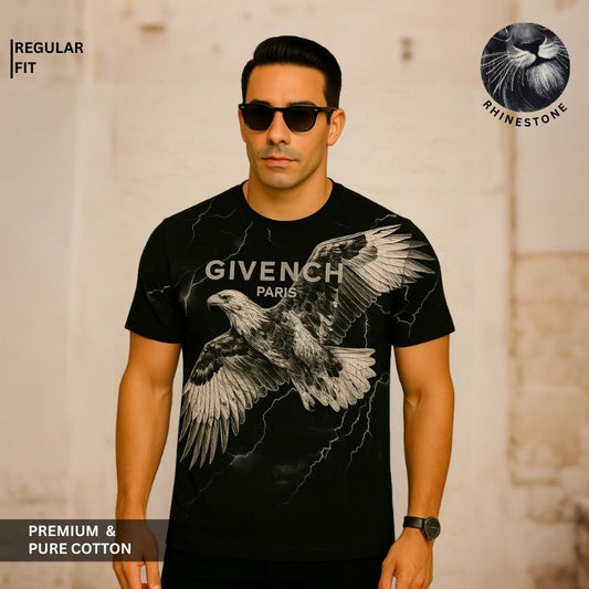Men’s Premium Eagle Rhinestone Graphic BLACK Cotton T-Shirt – Regular Fit