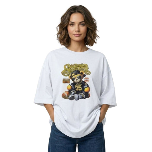 Women's Oversized Graphic T-Shirt, Heavy Cotton, Hip Hop Bear Print, Casual Loose Fit