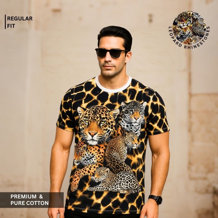 Men’s Premium Leopard Rhinestone Graphic Animal Print Cotton T-Shirt – Regular Fit