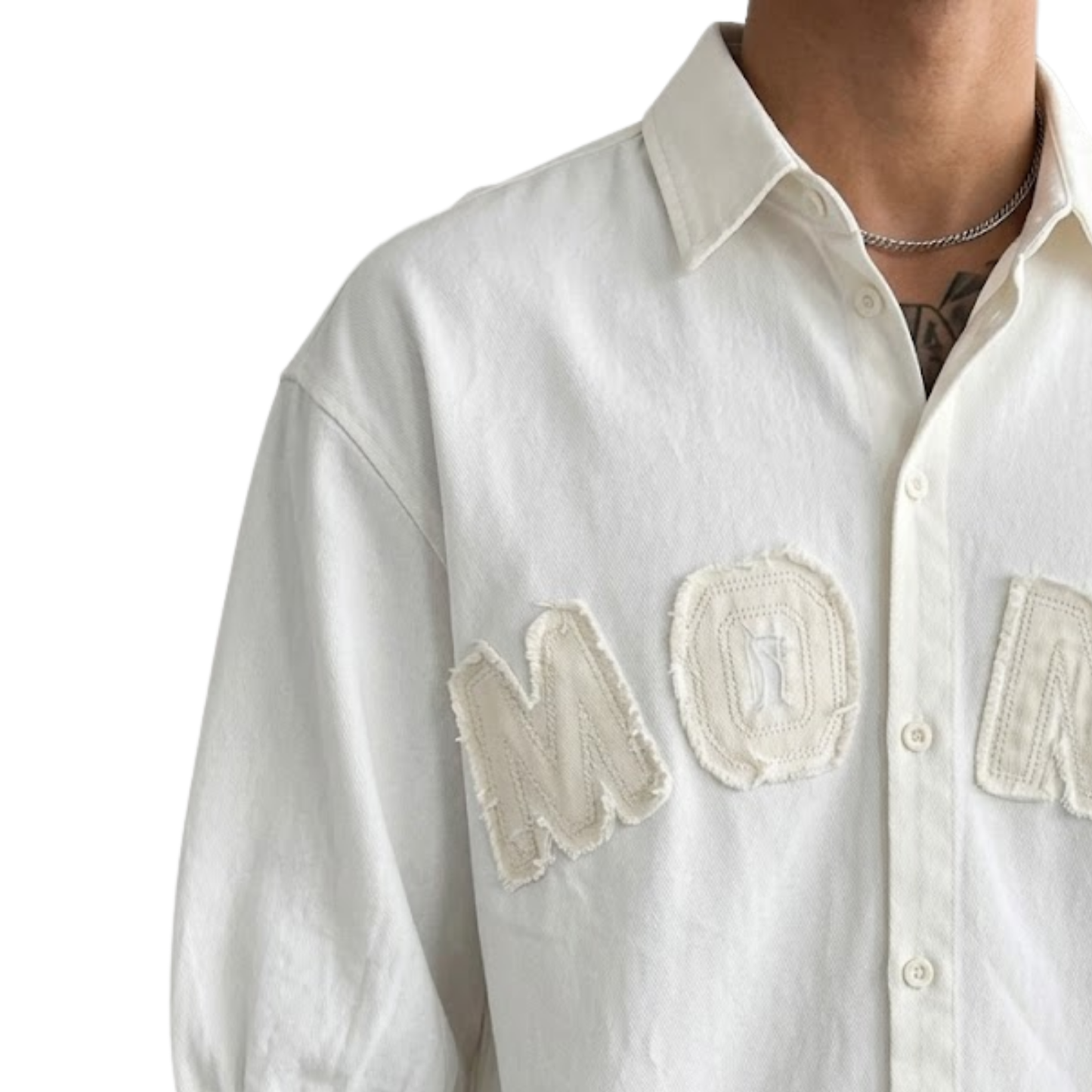 Men's Oversized DENIM DESIGNER SHIRT Button-Down Shirt, White, Raw-Edge Alphabet Patch, Half Sleeves, Casual Style