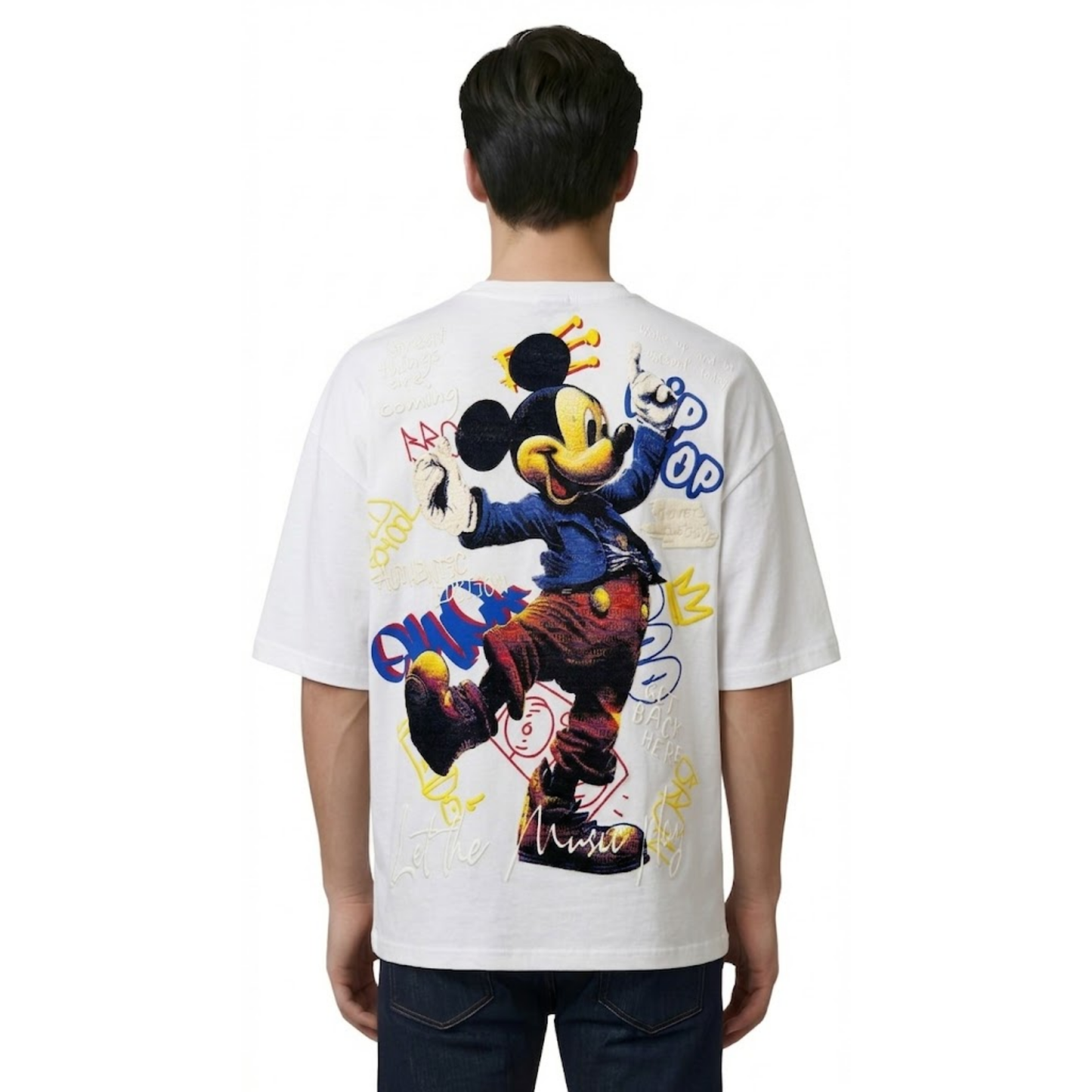 Micckey Mouse Women's Oversized Cotton T-Shirt, White, Round Neck, Half Sleeve, Graphic Print