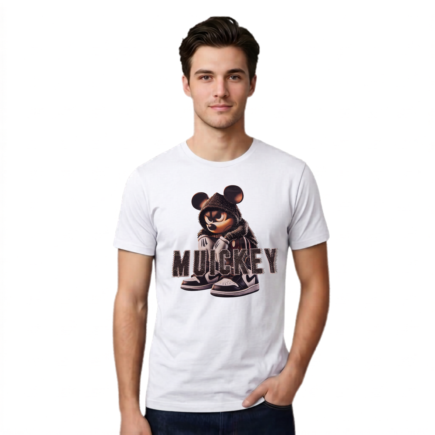 Muickey Rhinestone Graphic Print Cotton T-Shirt, White, Round Neck, Short Sleeve, Oversized Fit for Women