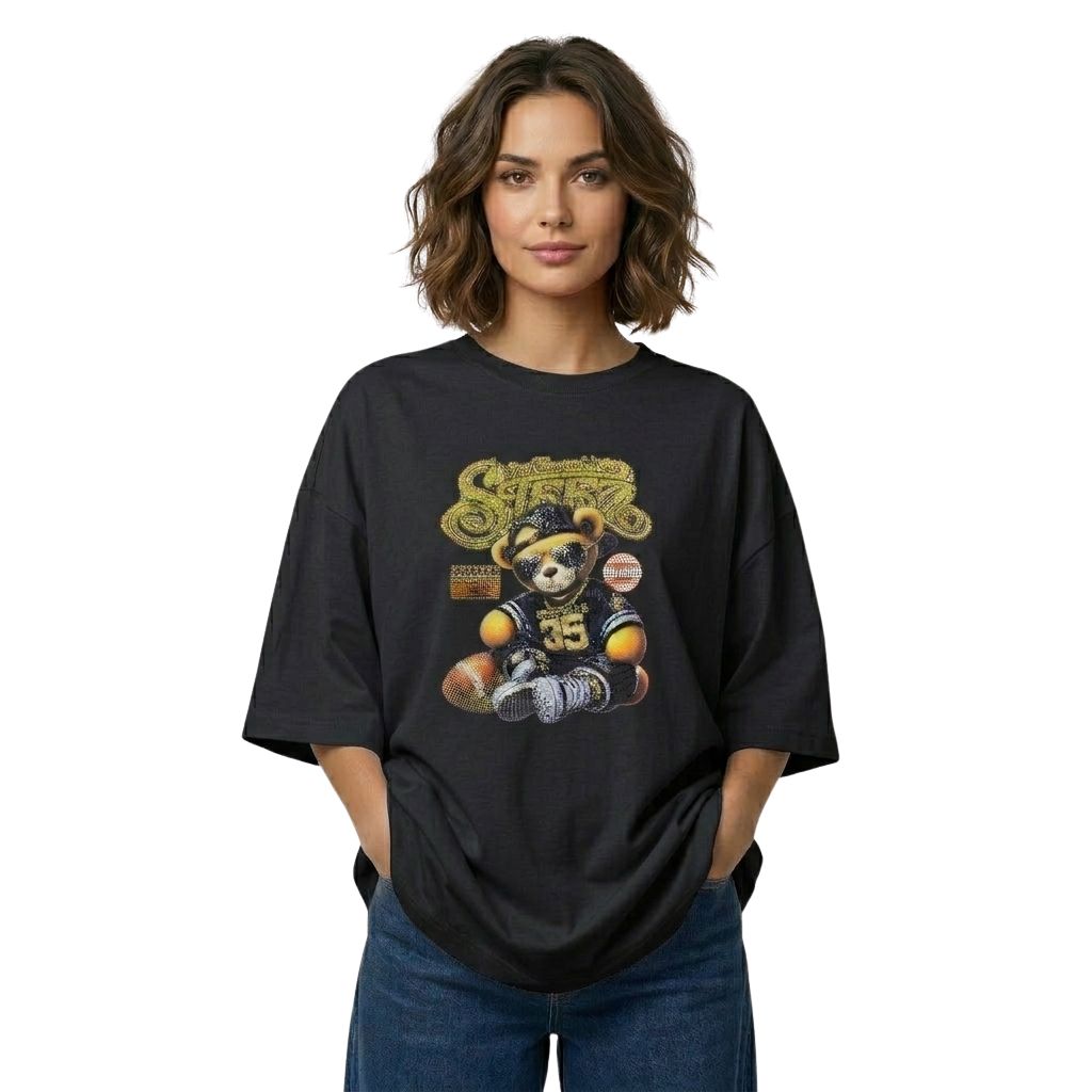 Women's Oversized Graphic T-Shirt, Heavy Cotton, Hip Hop Bear Print, Casual Loose Fit