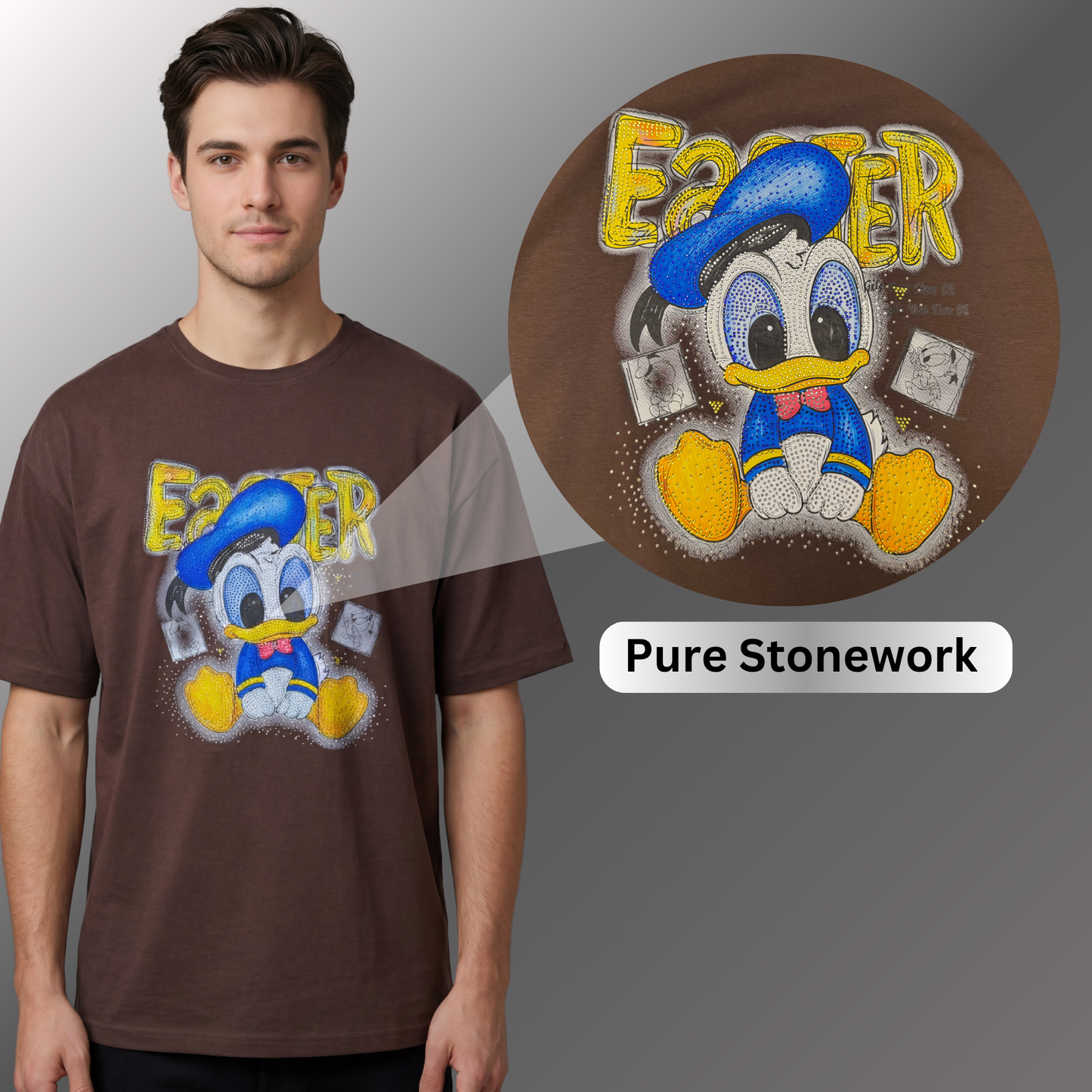 Rhinestone Graphic Cotton T-Shirt, Brown, Round Neck, Cartoon Print, Oversized Fit, Unisex