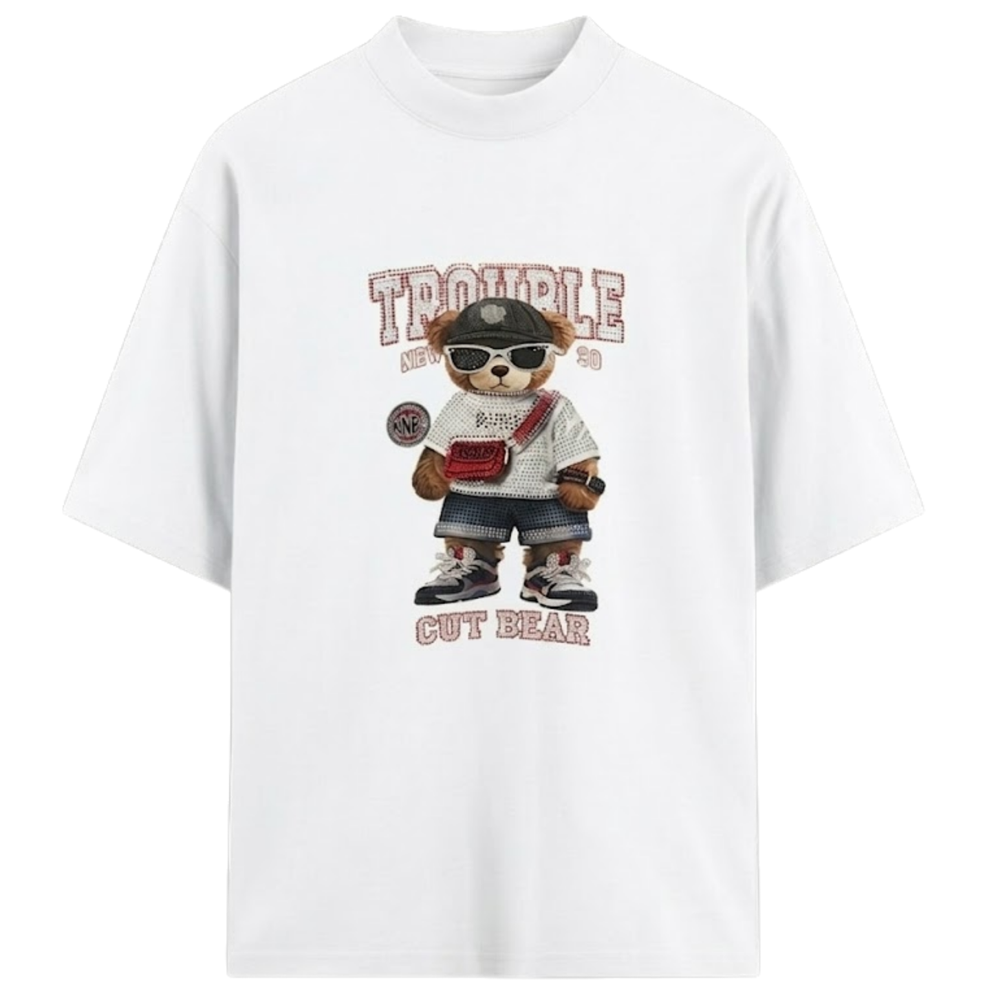 Trouble Cut Bear Rhinestone Graphic Print Cotton White Round Neck Short Sleeve T-Shirt for Women and Girls, Oversized Fit