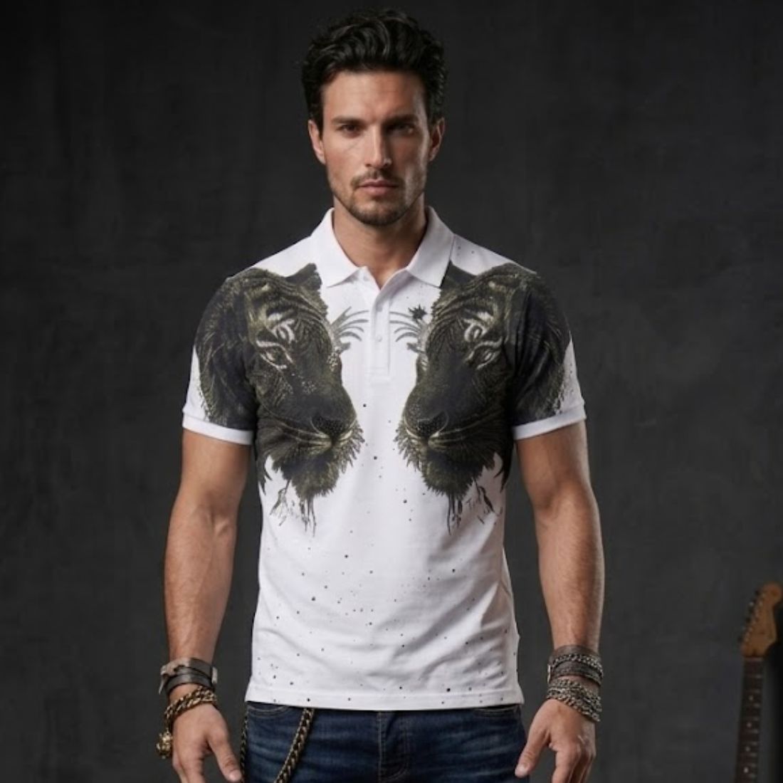 premium style Twin Tiger Graphic Rhinestone Polo T-Shirt