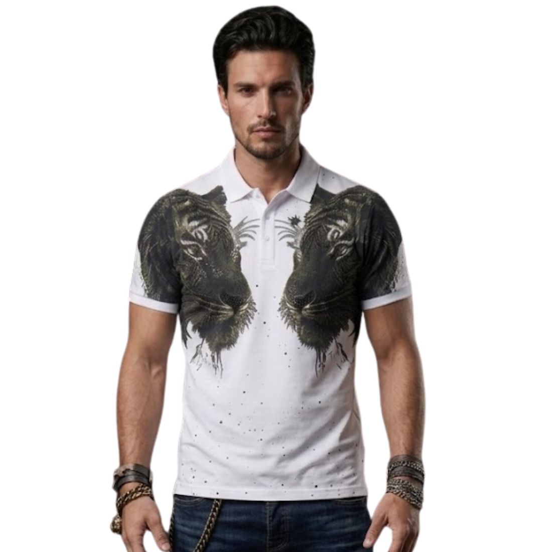 premium style Twin Tiger Graphic Rhinestone Polo T-Shirt