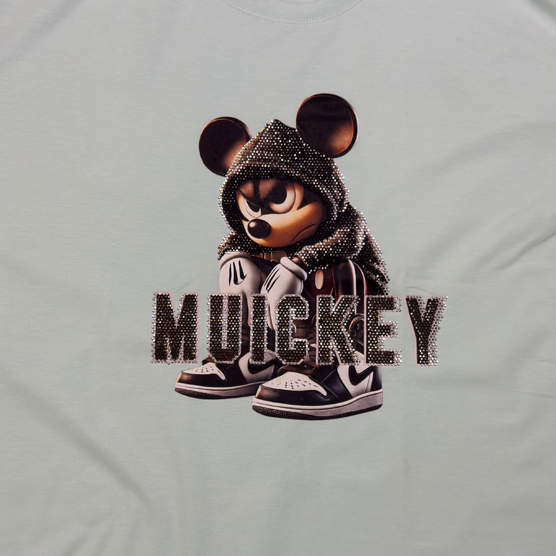 Muickey Rhinestone Graphic Print Cotton T-Shirt
