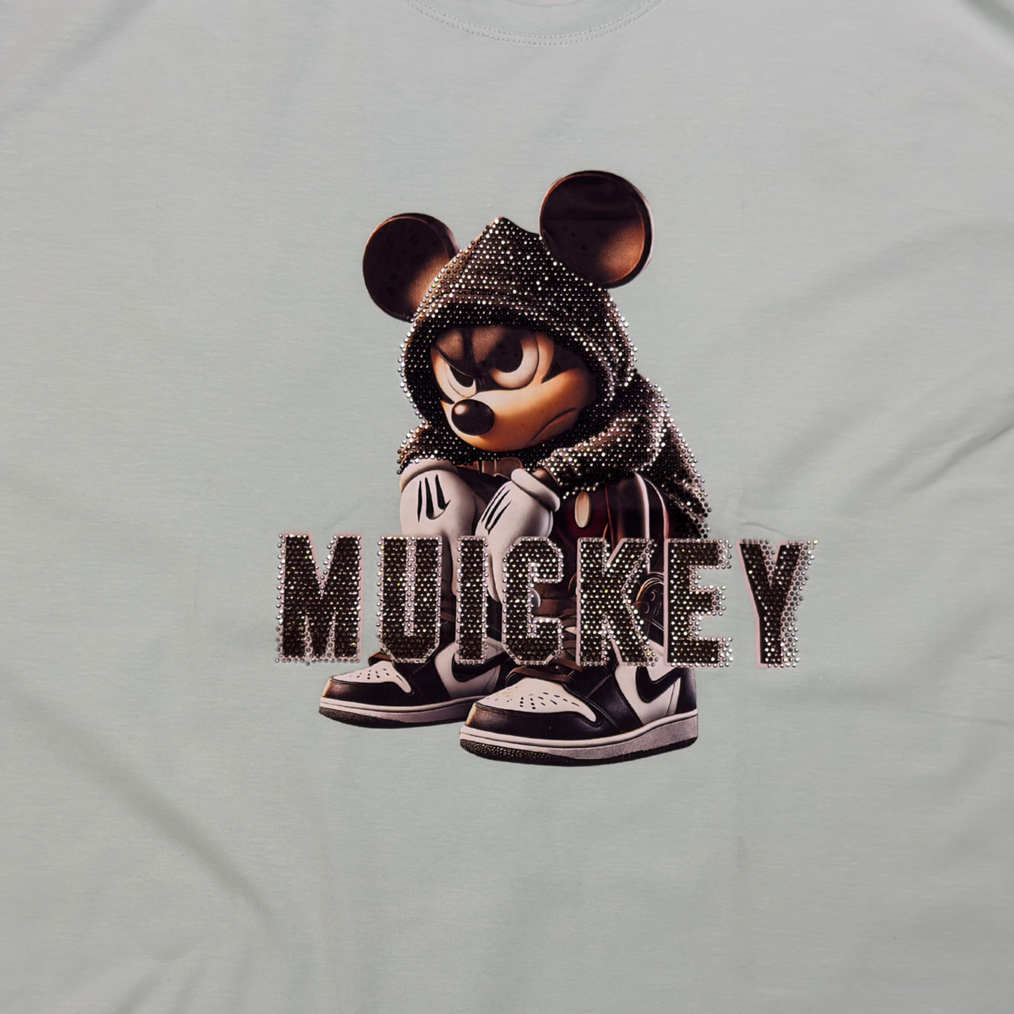Muickey Rhinestone Graphic Print Cotton T-Shirt, White, Round Neck, Short Sleeve, Oversized Fit for Women