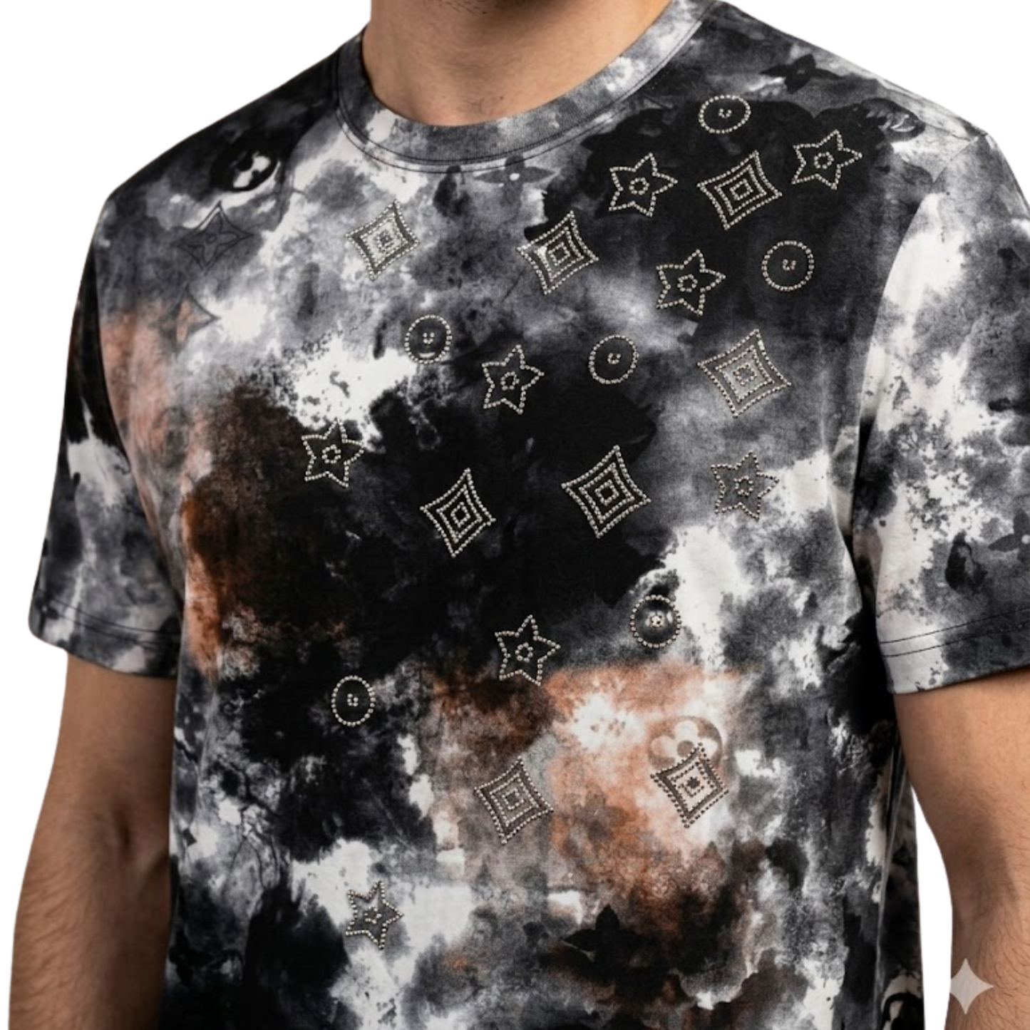 Smoke & Stars Allover Dark Galaxy Star Print Rhinestone  Graphic T-Shirt