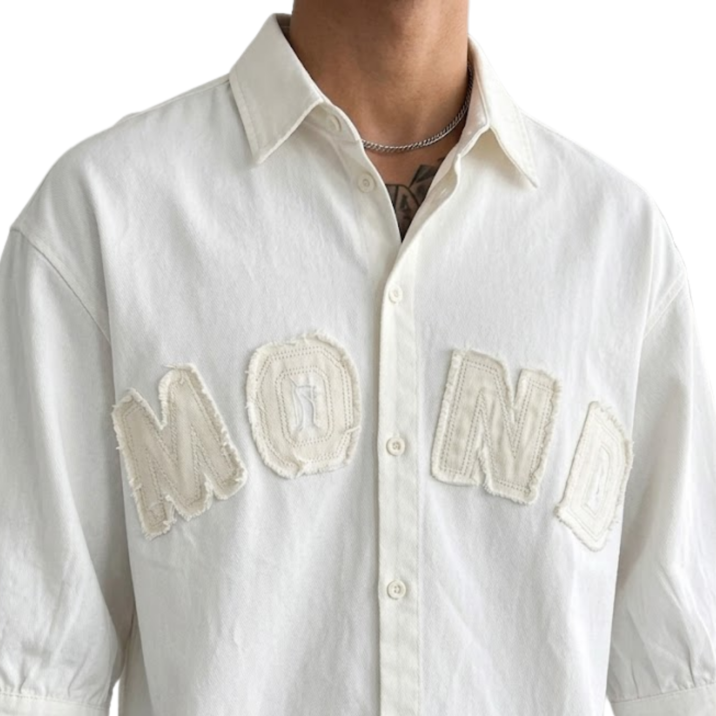 Men's Oversized DENIM DESIGNER SHIRT Button-Down Shirt, White, Raw-Edge Alphabet Patch, Half Sleeves, Casual Style