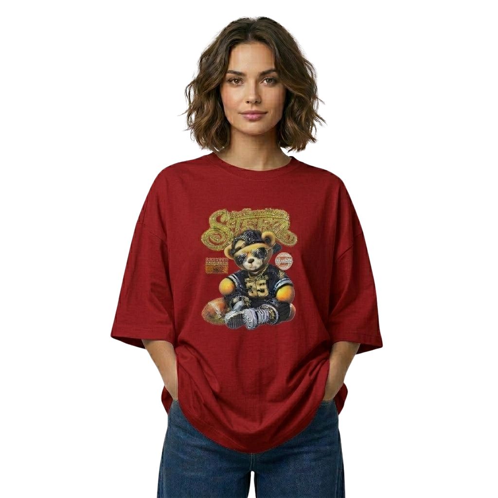 Women's Oversized Graphic T-Shirt, Heavy Cotton, Hip Hop Bear Print, Casual Loose Fit