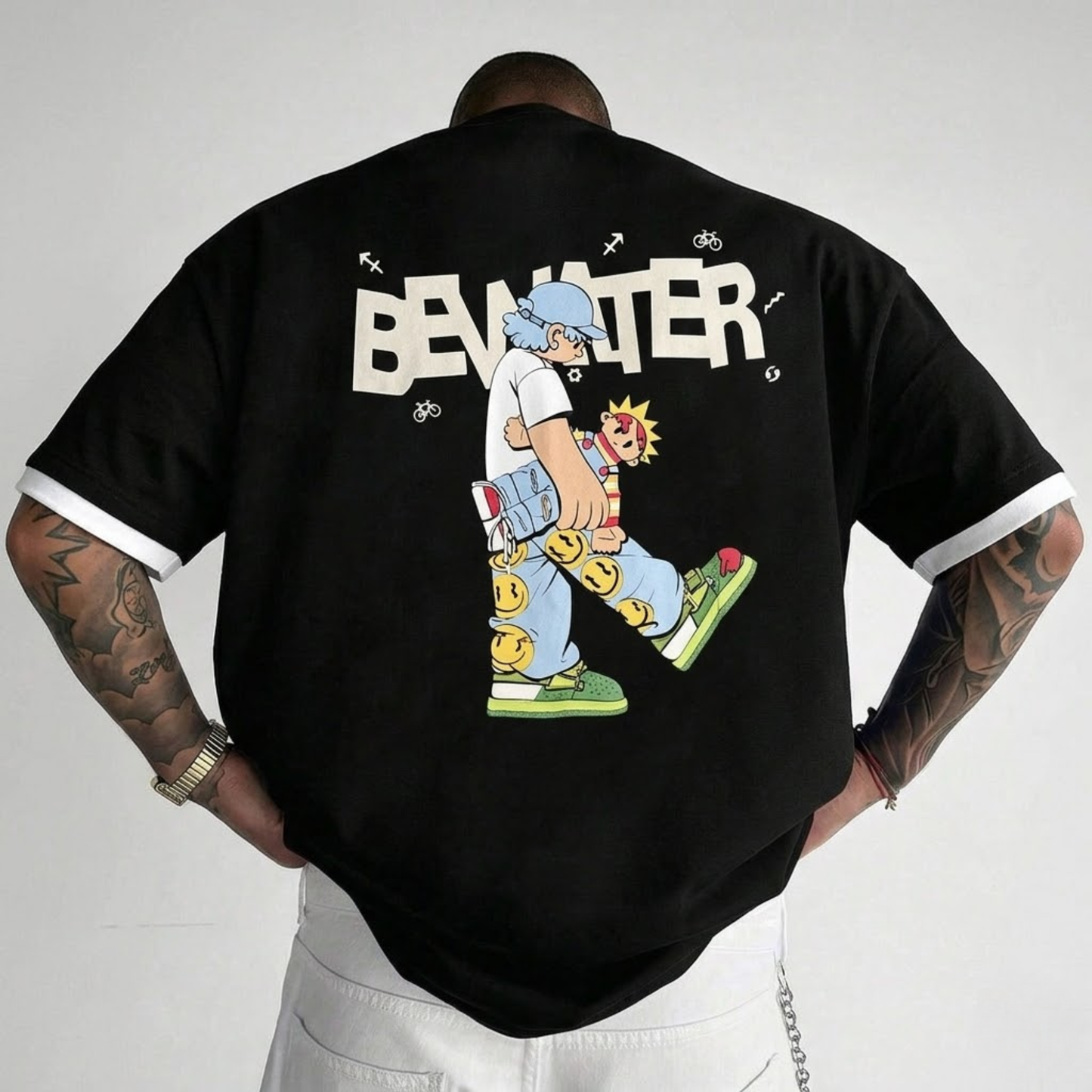 2626 "BANTER" Urban Character Oversized Streetwear Tee Men's  Oversized Graphic T-Shirt with White Layered Sleeves