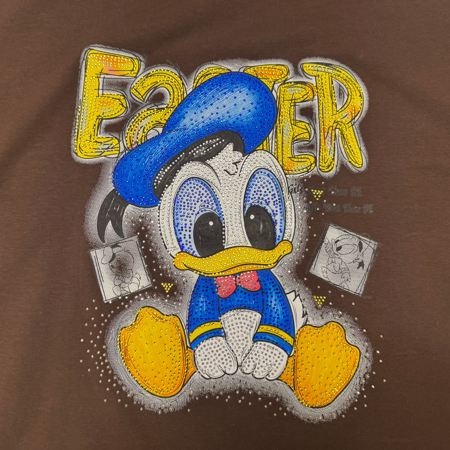 Rhinestone Graphic Cotton T-Shirt, Brown, Round Neck, Cartoon Print, Oversized Fit, Unisex