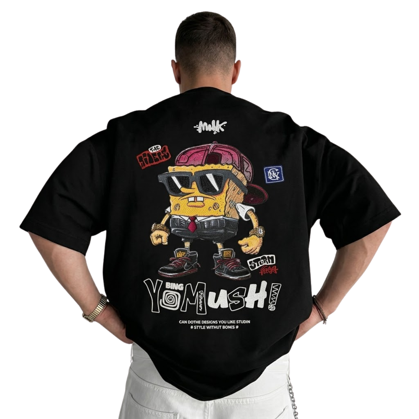 Men SpongeBob SquarePants Graphic Printed Round Neck Cotton Oversized T-shirt Heavyweight Streetwear Tee