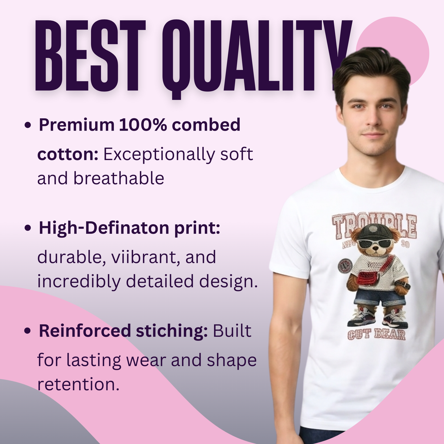 Trouble Cut Bear Rhinestone Graphic Print Cotton White Round Neck Short Sleeve T-Shirt for Women and Girls, Oversized Fit