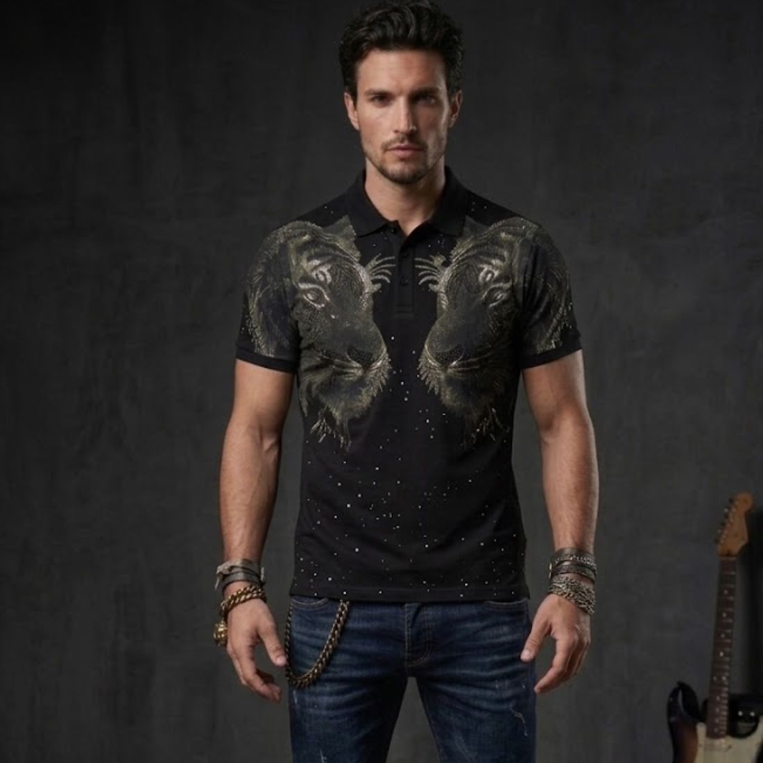 premium style Twin Tiger Graphic Rhinestone Polo T-Shirt