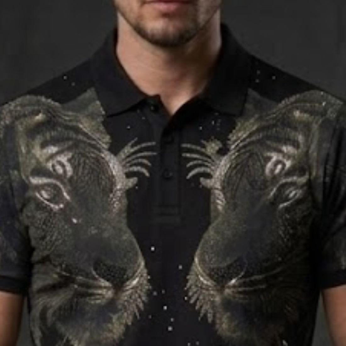 premium style Twin Tiger Graphic Rhinestone Polo T-Shirt