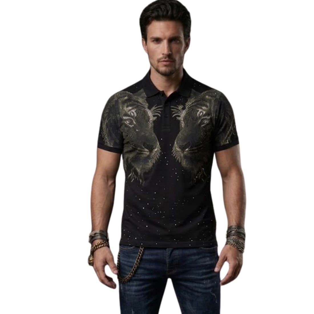 premium style Twin Tiger Graphic Rhinestone Polo T-Shirt