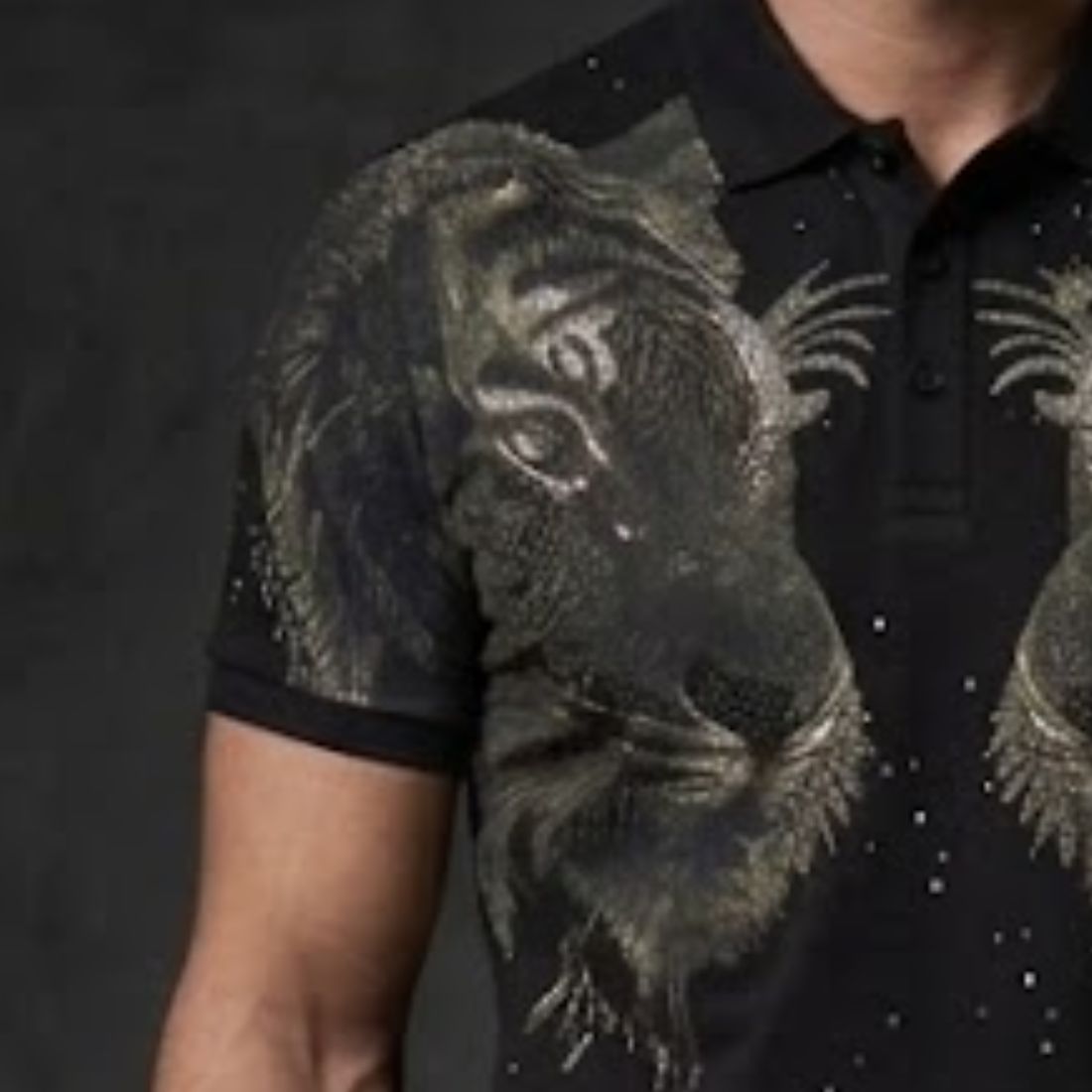 premium style Twin Tiger Graphic Rhinestone Polo T-Shirt